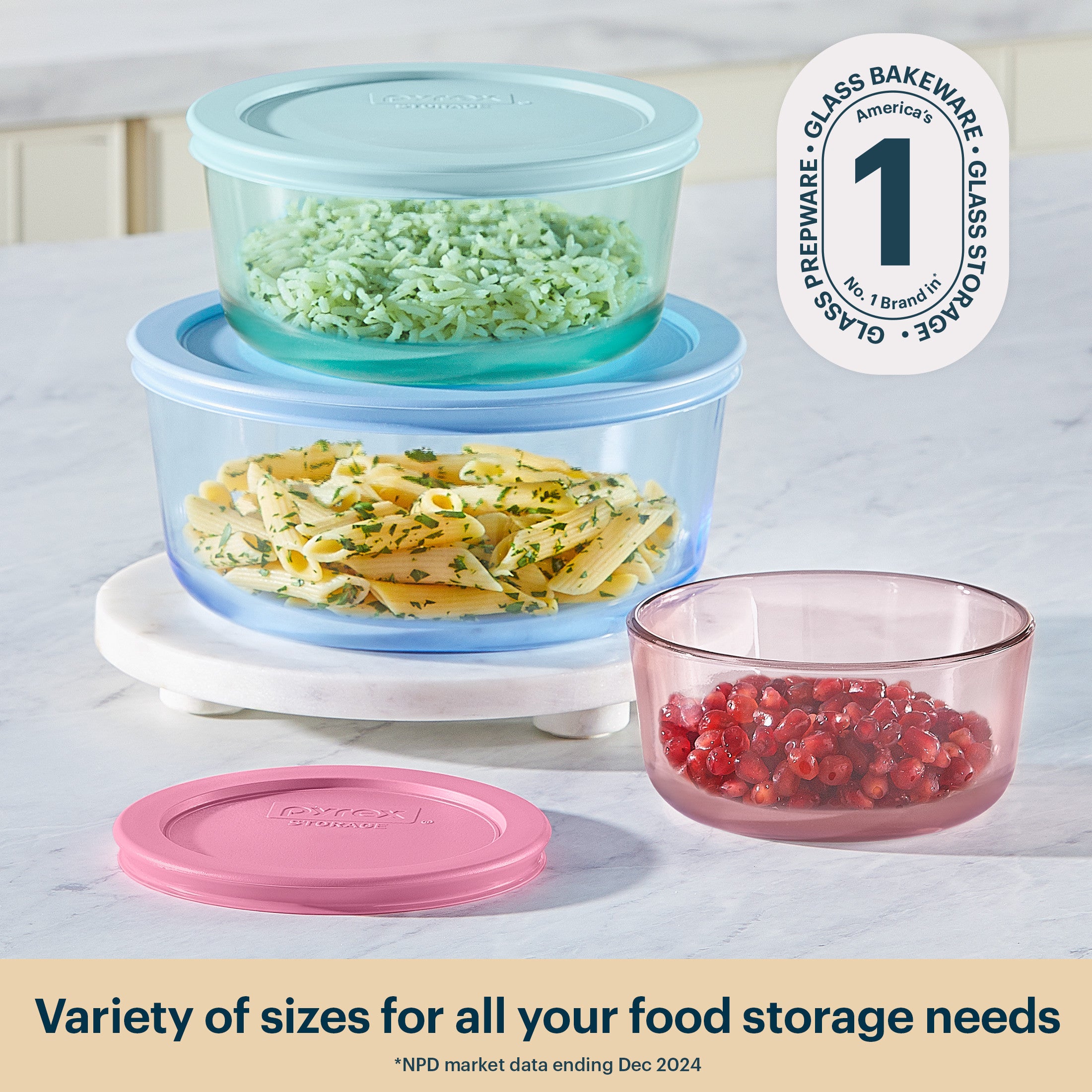 Pyrex? Simply Store? Tinted Glass Round Storage Containers. 6-pc Set. Mixed Colors - Image 3