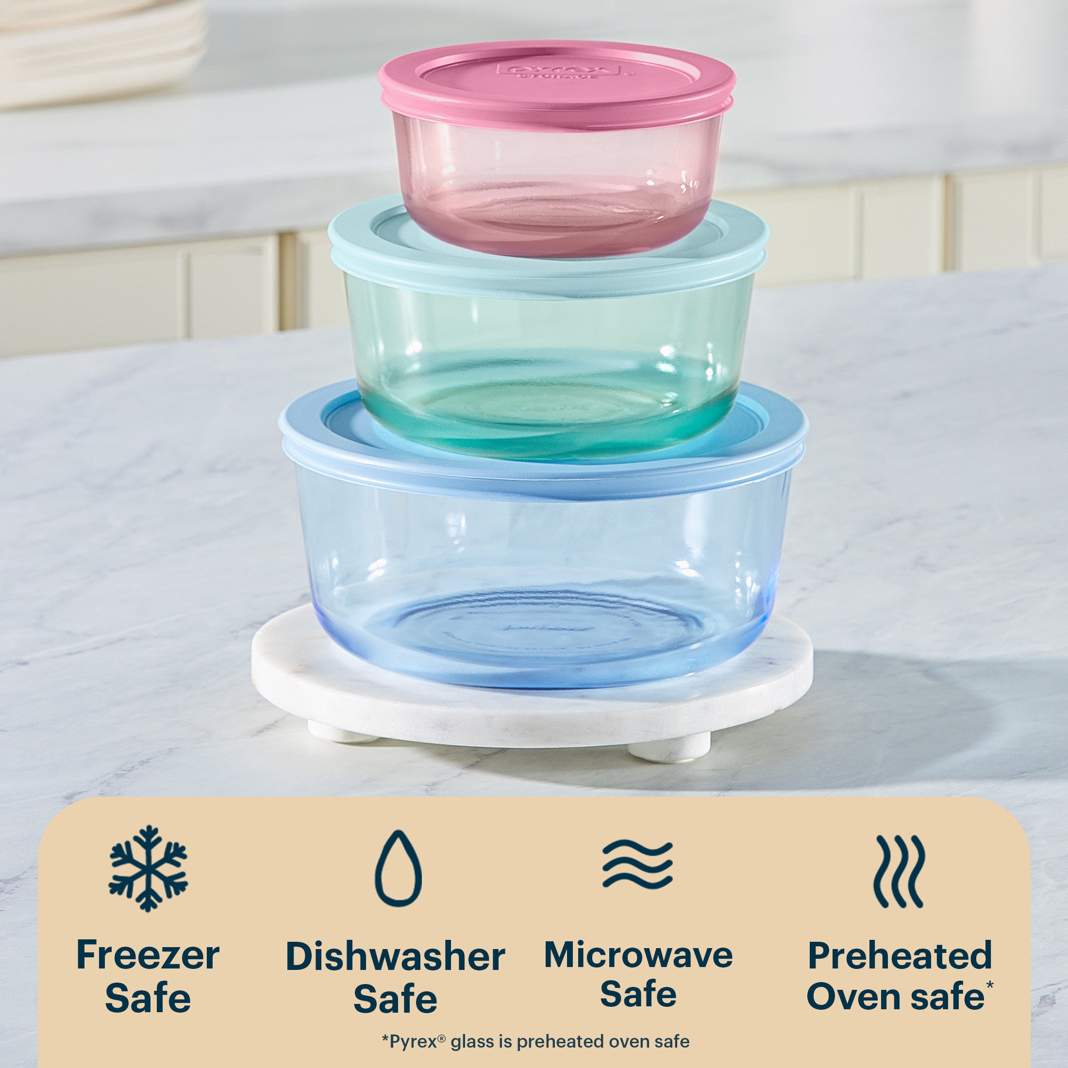 Pyrex? Simply Store? Tinted Glass Round Storage Containers. 6-pc Set. Mixed Colors - Image 4