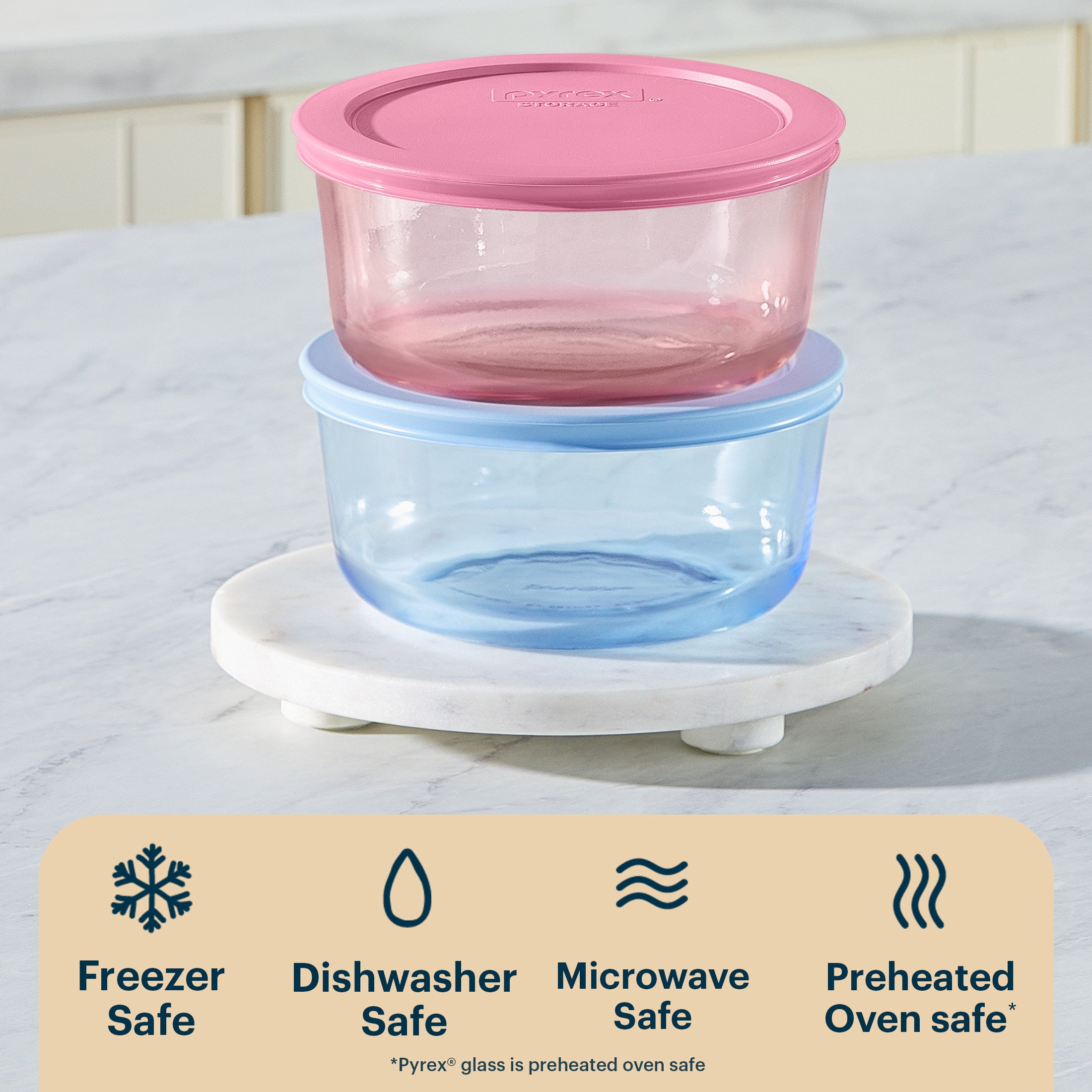 Pyrex? Simply Store? Tinted Glass 4-cup Round Storage Containers. 4-pc Set. Mixed Colors - Image 4