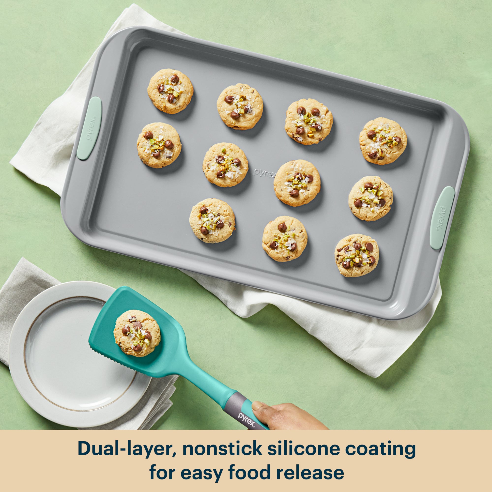 Pyrex? Metal Bakeware 3-Piece Large Cookie Sheet Set in Sage - Image 4