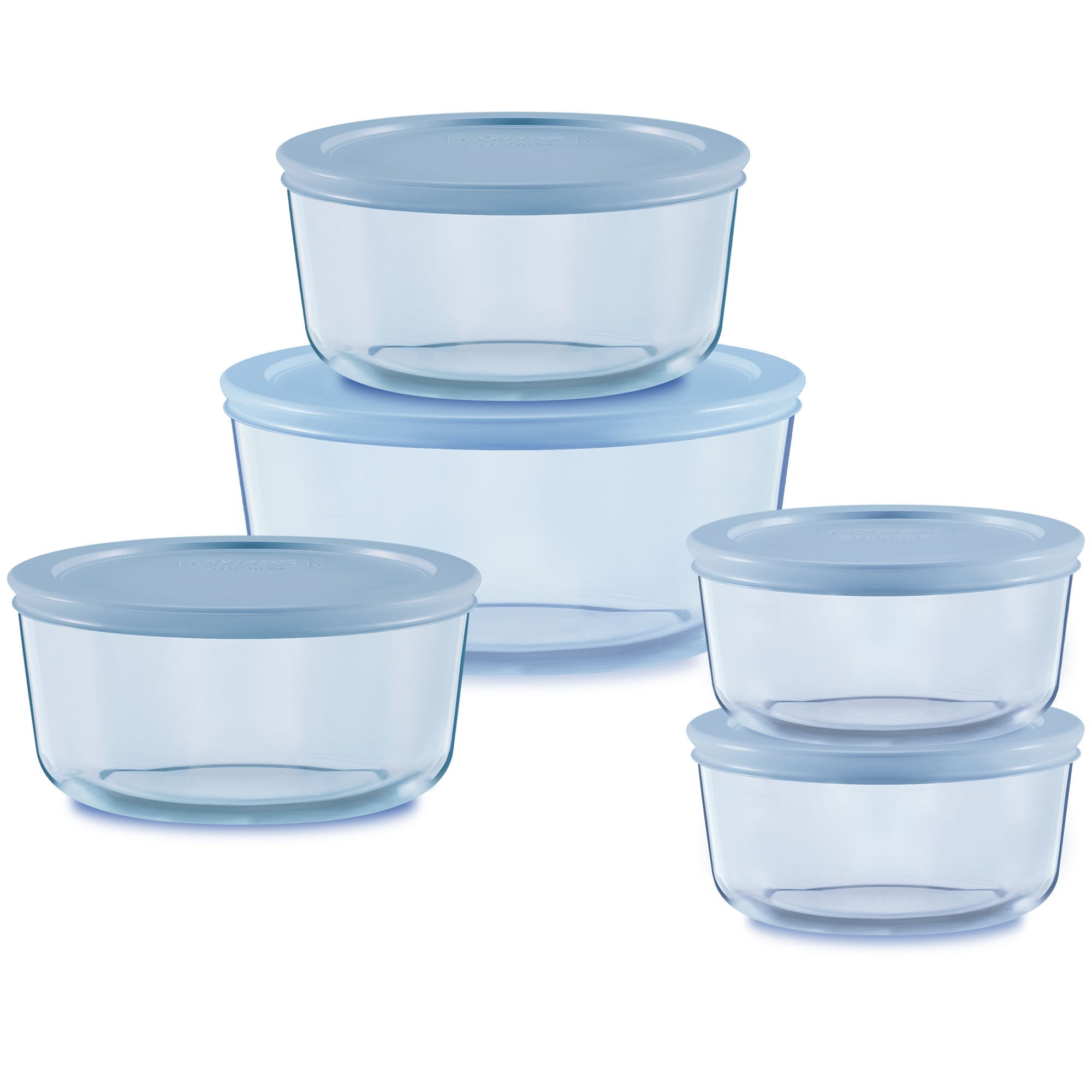 Pyrex? Simply Store? Tinted 10-piece Round Storage Set with Blue Plastic Lids