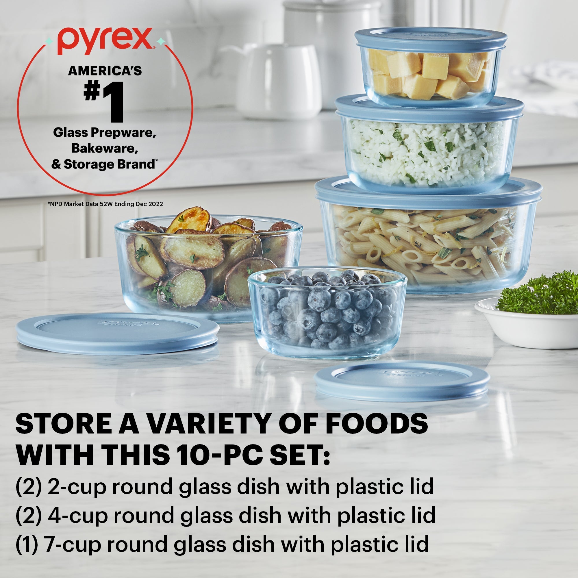 Pyrex? Simply Store? Tinted 10-piece Round Storage Set with Blue Plastic Lids - Image 2