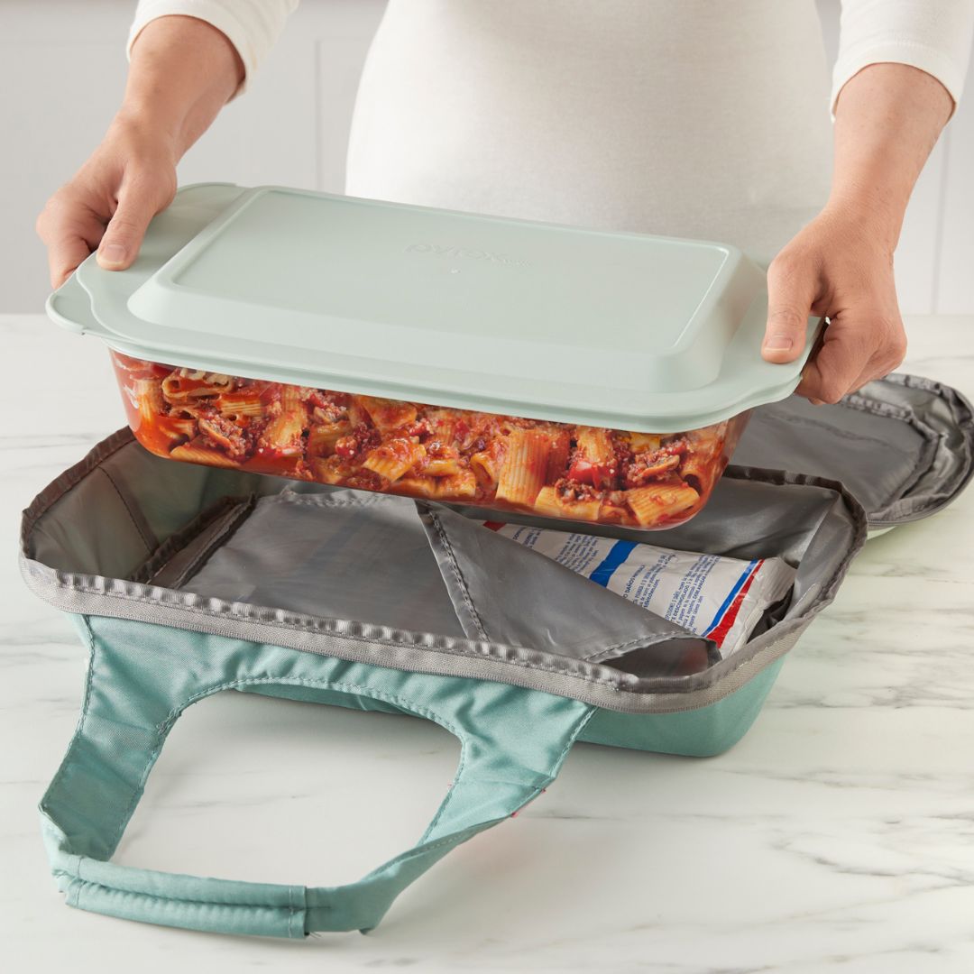 Pyrex® Deep Portable 4-piece Glass Baking Dish Set Portable Set. Green Sage Lid - Image 3